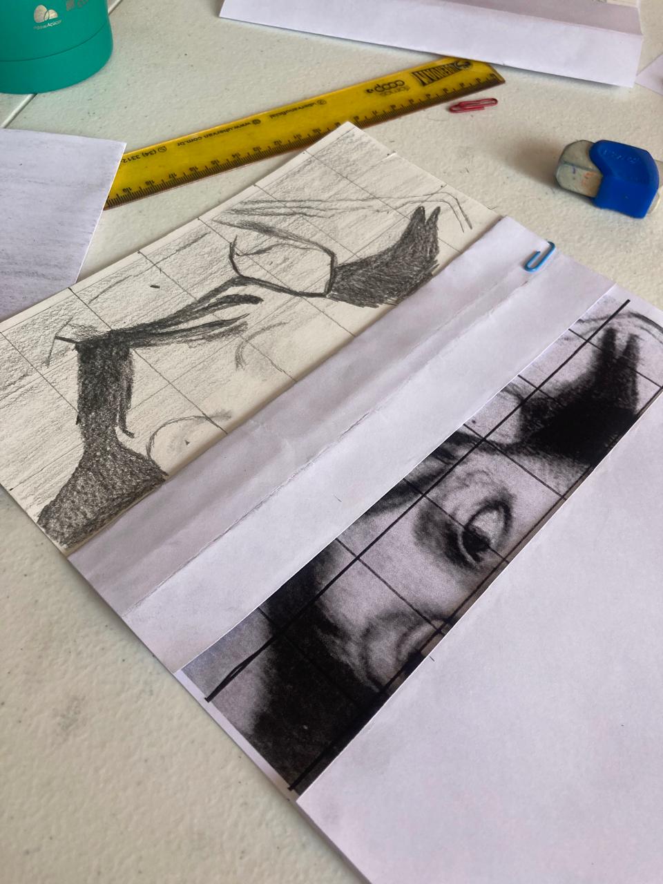 Imagem da atividade na aula de historia da arte, pintando com lápis cada quadrado para duplicar a foto