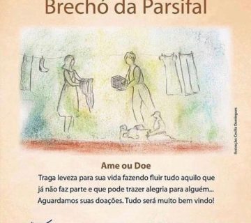 Flyer de divulgação de doações de roupas e acessórios para o brechó da Parsifal