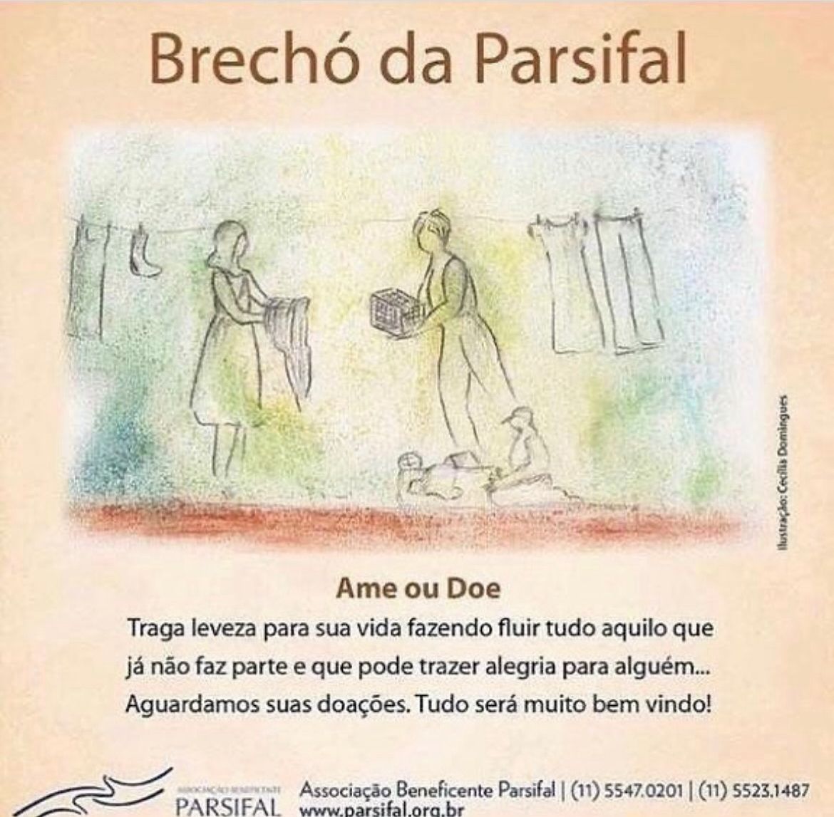 Flyer de divulgação de doações de roupas e acessórios para o brechó da Parsifal